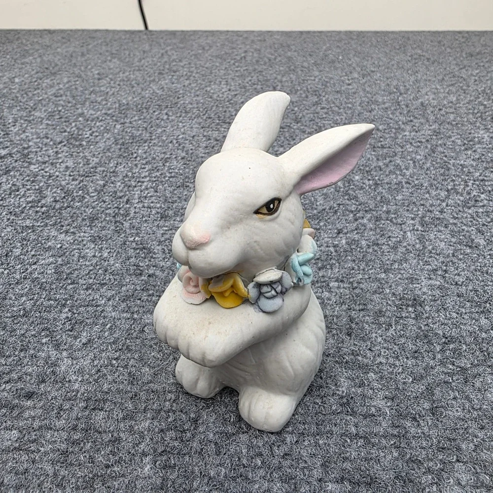 Vintage GOT Ceramic White Rabbit Figurine Flower Garland Collar‎ Easter Decor 4